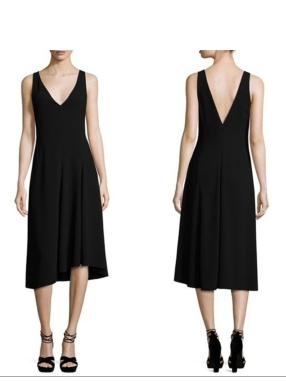 Theory Tadayon B Elevate Crepe Black Sleeveless Vneck Asymmetric Midi Dress Sz12
